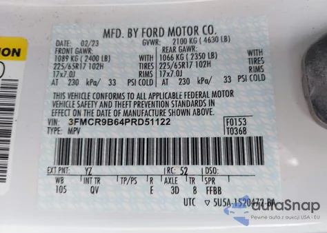 2023 Ford Bronco Sport Big Bend z USA, uszkodzony, nr VIN 3FMCR9B64PRD51122